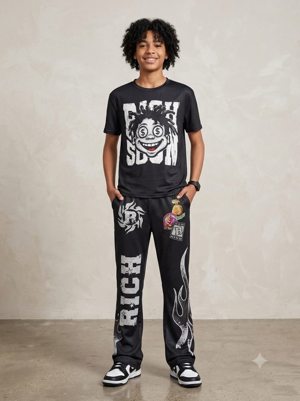 NWT SHEIN Teen 2-Piece "Rich Soon" Graphic T-Shirt & Flare Pants Set - 15Y